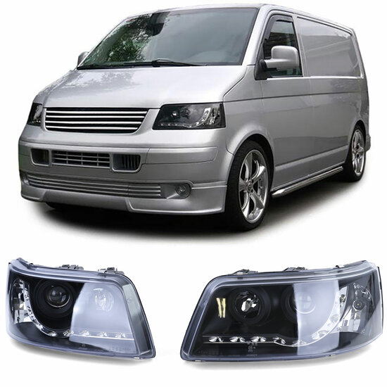 Headlights with LED daytime running lights suitable for VW Transporter T5 model 2003 - 2009